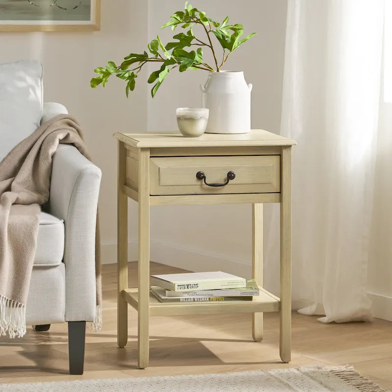 Table d'appoint en bois d'acacia Espresso/blanc antique/acajou avec 1 tiroir et étagère inférieure ouverte