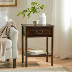 Table d'appoint en bois d'acacia Espresso/blanc antique/acajou avec 1 tiroir et étagère inférieure ouverte