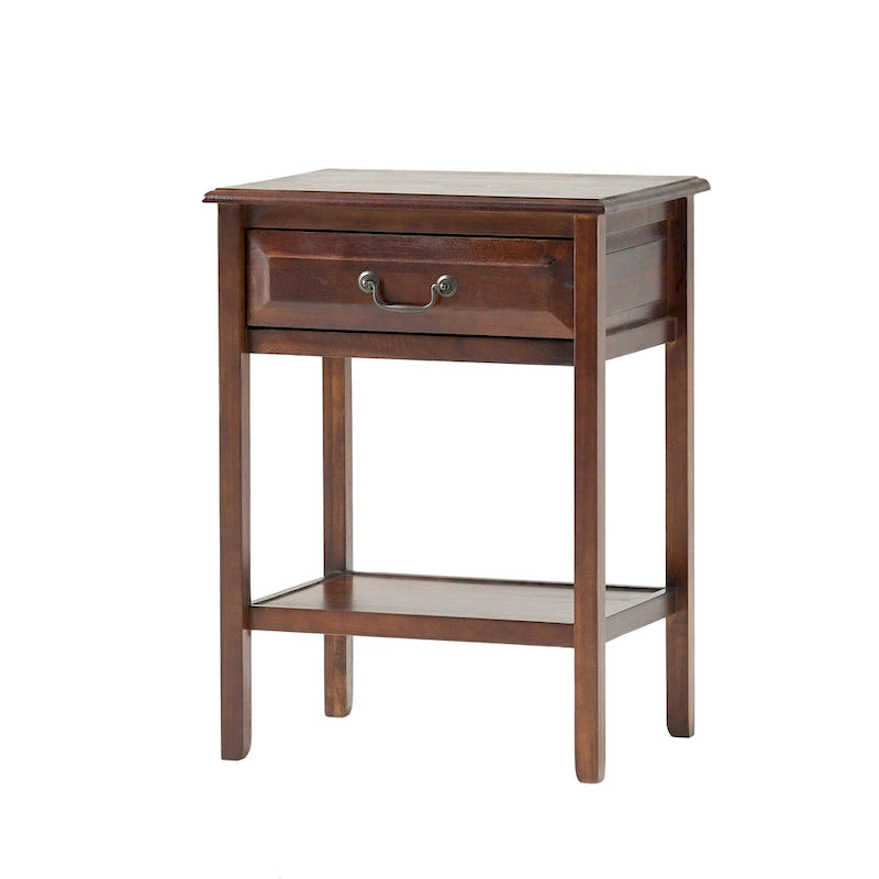 Table d'appoint en bois d'acacia Espresso/blanc antique/acajou avec 1 tiroir et étagère inférieure ouverte
