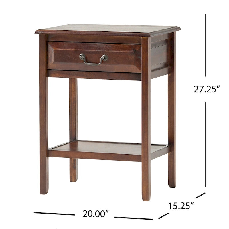 Table d'appoint en bois d'acacia Espresso/blanc antique/acajou avec 1 tiroir et étagère inférieure ouverte