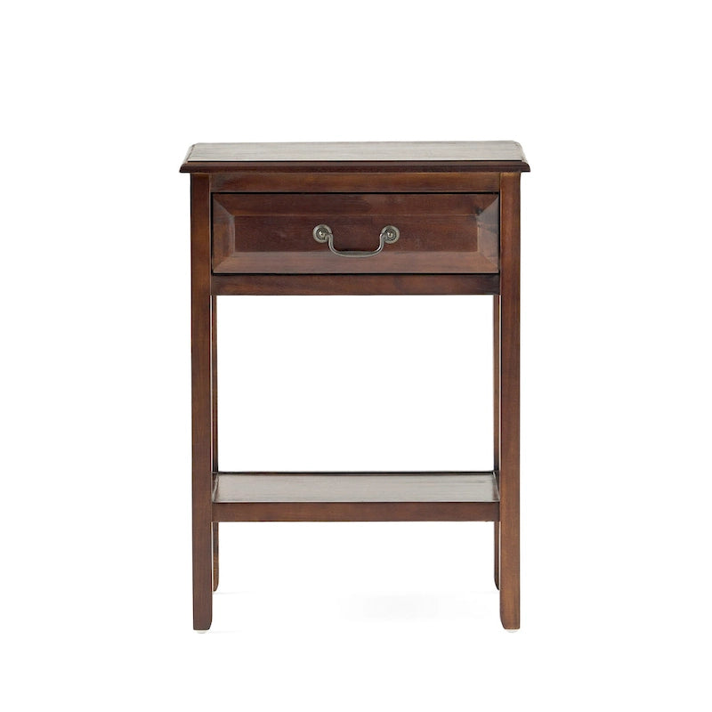 Table d'appoint en bois d'acacia Espresso/blanc antique/acajou avec 1 tiroir et étagère inférieure ouverte