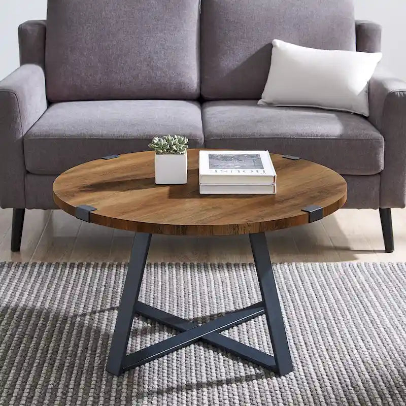 Table basse ronde à plateau aspect bois multi-finitions avec piètement en métal en croix