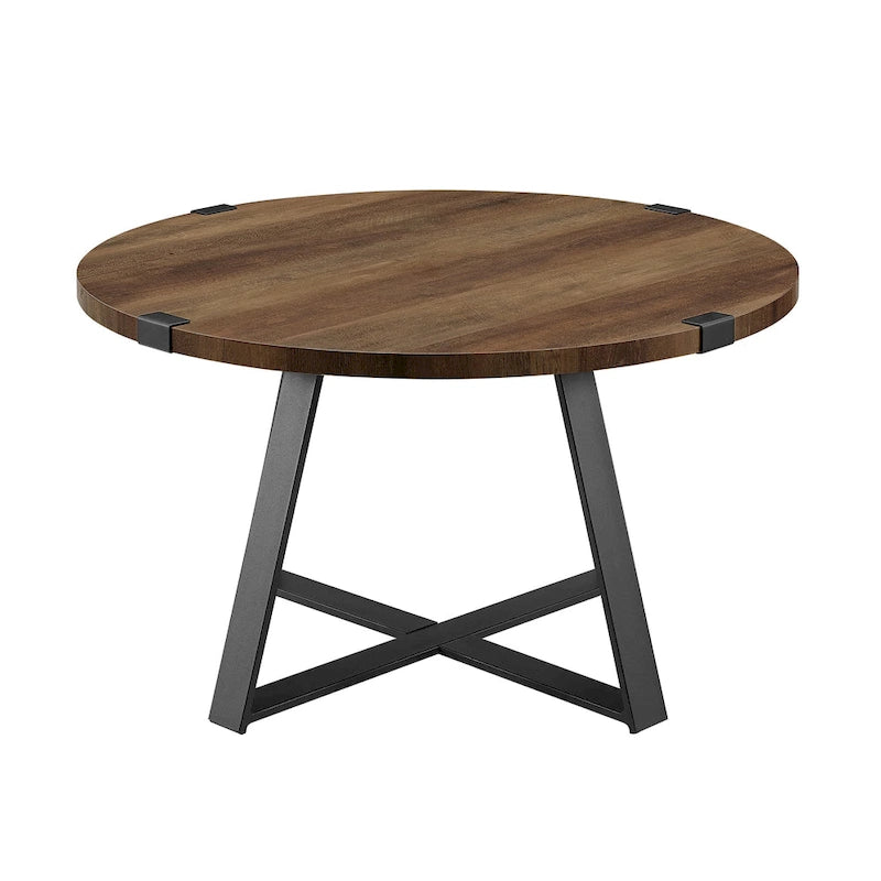Table basse ronde à plateau aspect bois multi-finitions avec piètement en métal en croix