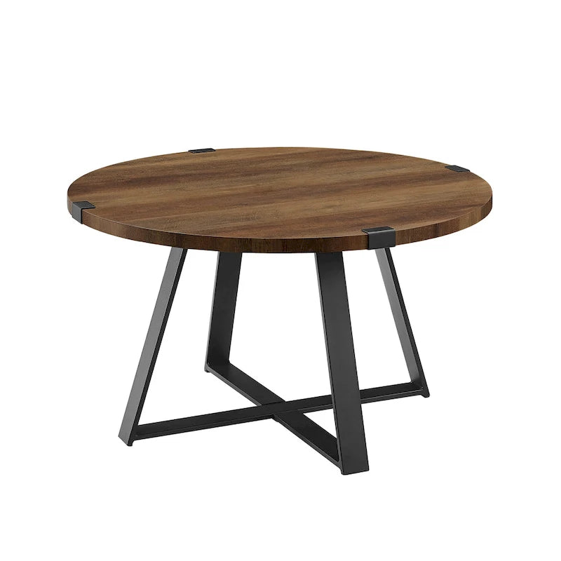 Table basse ronde à plateau aspect bois multi-finitions avec piètement en métal en croix