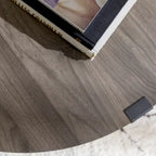 Table basse ronde à plateau aspect bois multi-finitions avec piètement en métal en croix