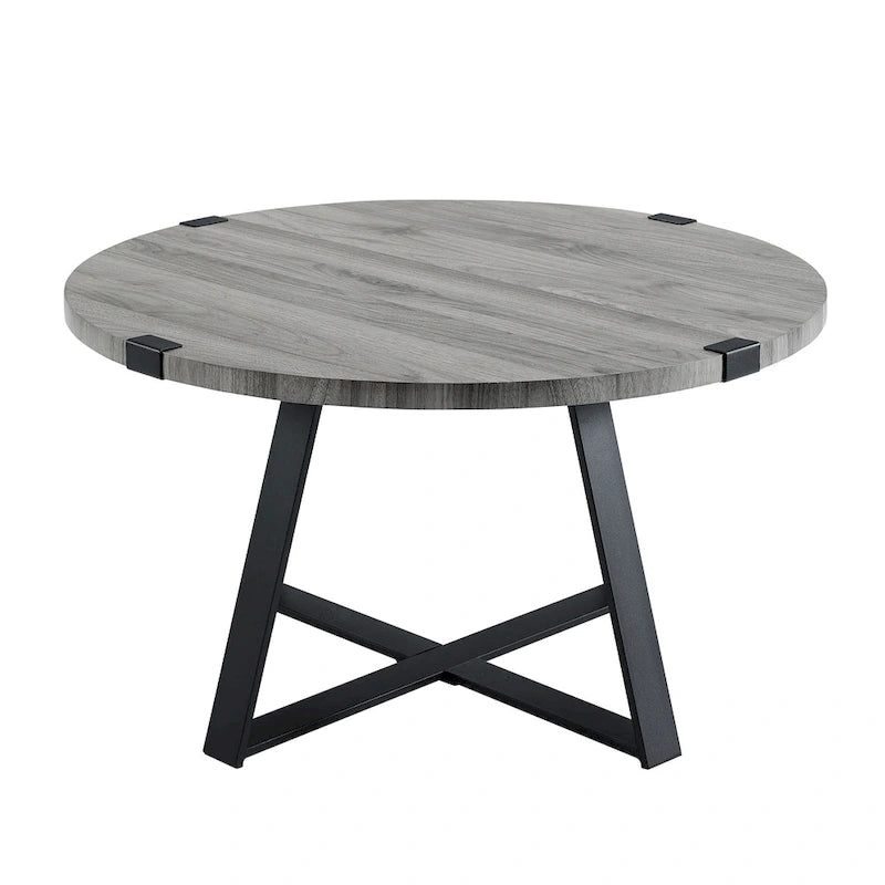 Table basse ronde à plateau aspect bois multi-finitions avec piètement en métal en croix