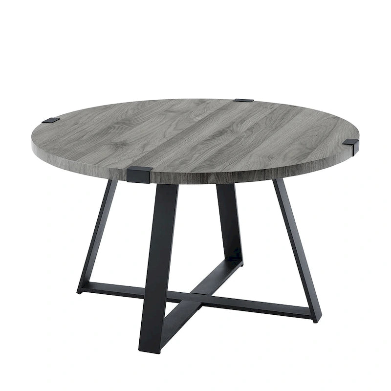 Table basse ronde à plateau aspect bois multi-finitions avec piètement en métal en croix