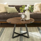 Table basse ronde à plateau aspect bois multi-finitions avec piètement en métal en croix