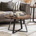 Table basse ronde à plateau aspect bois multi-finitions avec piètement en métal en croix