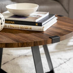 Table basse ronde à plateau aspect bois multi-finitions avec piètement en métal en croix