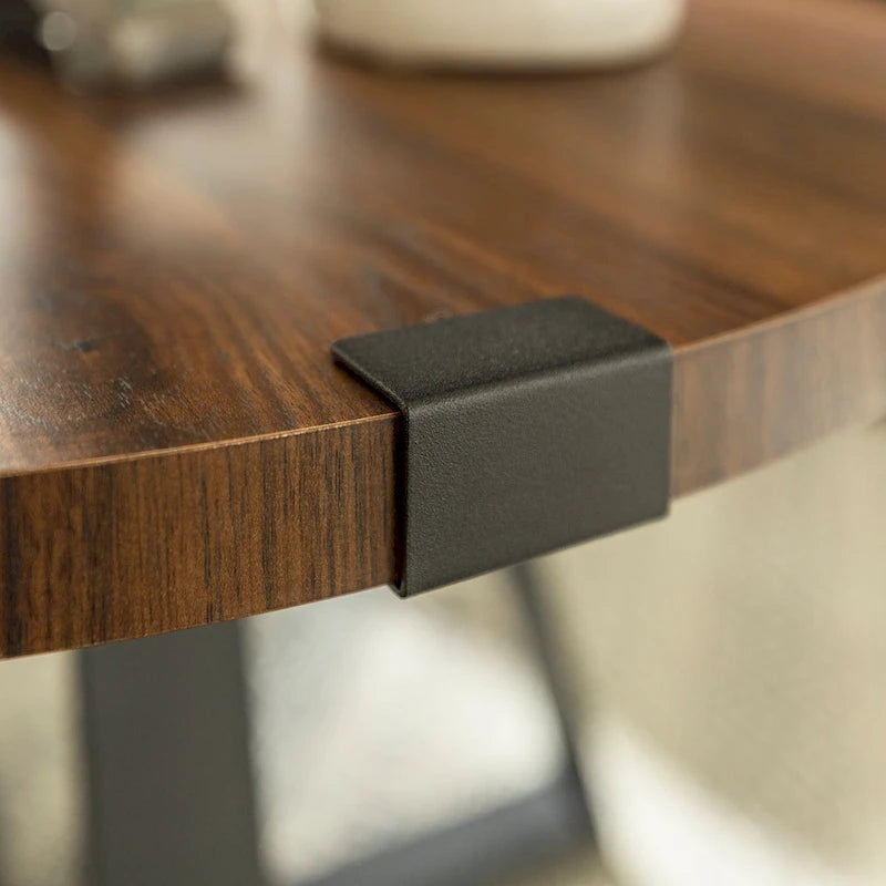 Table basse ronde à plateau aspect bois multi-finitions avec piètement en métal en croix