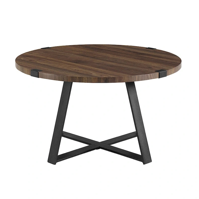 Table basse ronde à plateau aspect bois multi-finitions avec piètement en métal en croix