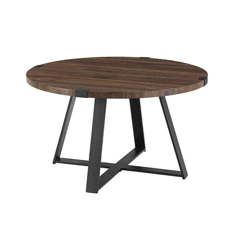 Table basse ronde à plateau aspect bois multi-finitions avec piètement en métal en croix