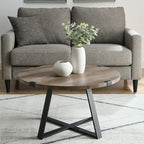 Table basse ronde à plateau aspect bois multi-finitions avec piètement en métal en croix