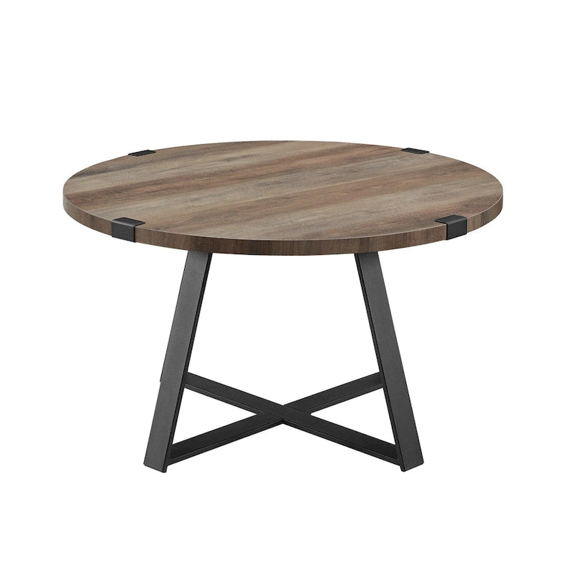 Table basse ronde à plateau aspect bois multi-finitions avec piètement en métal en croix