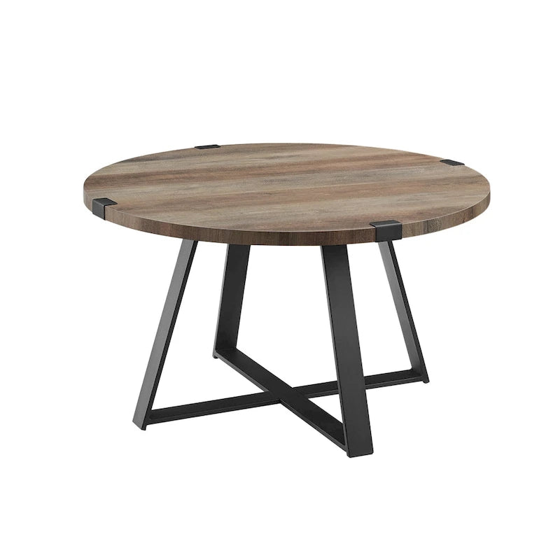 Table basse ronde à plateau aspect bois multi-finitions avec piètement en métal en croix