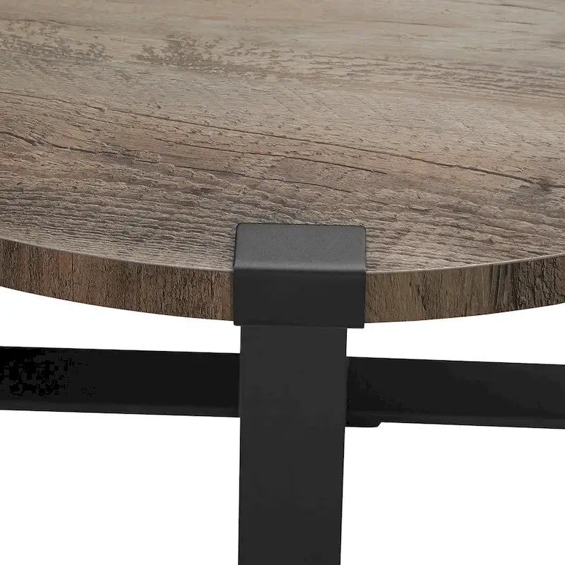 Table basse ronde à plateau aspect bois multi-finitions avec piètement en métal en croix