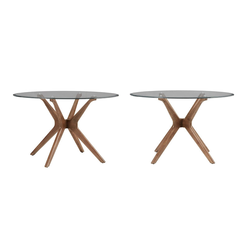 Table à manger ronde mi-siècle avec plateau en verre / finition noyer foncé, piètement en X et pieds évasés – 4 places