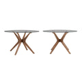Table à manger ronde mi-siècle avec plateau en verre / finition noyer foncé, piètement en X et pieds évasés – 4 places
