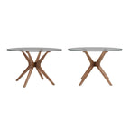 Table à manger ronde mi-siècle avec plateau en verre / finition noyer foncé, piètement en X et pieds évasés – 4 places