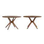 Table à manger ronde mi-siècle avec plateau en verre / finition noyer foncé, piètement en X et pieds évasés – 4 places