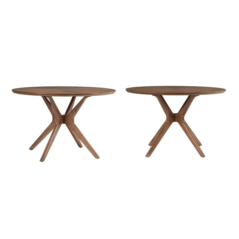 Table à manger ronde mi-siècle avec plateau en verre / finition noyer foncé, piètement en X et pieds évasés – 4 places