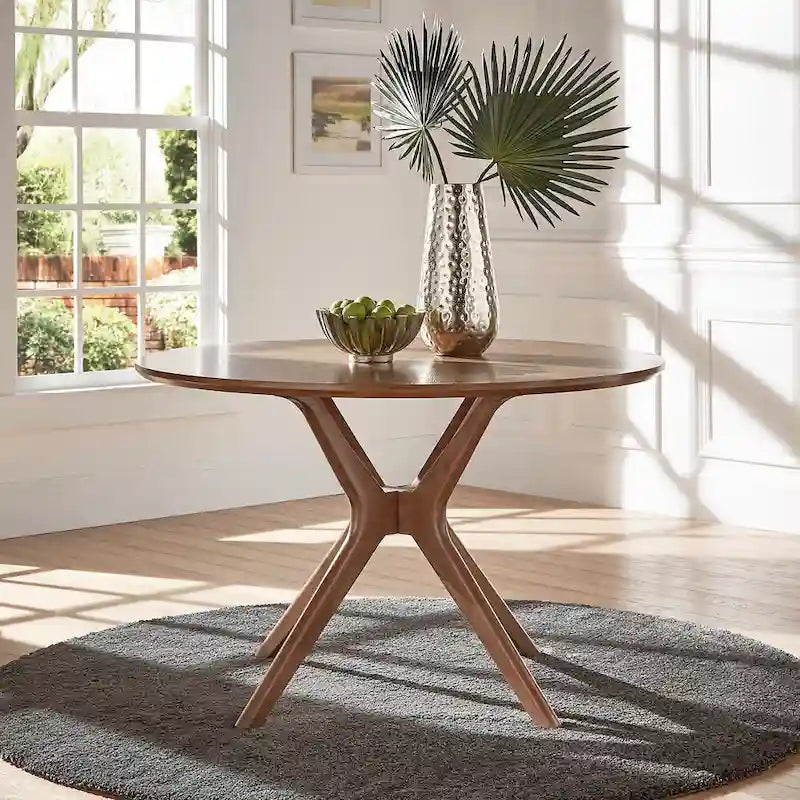 Table à manger ronde mi-siècle avec plateau en verre / finition noyer foncé, piètement en X et pieds évasés – 4 places