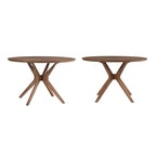 Table à manger ronde mi-siècle avec plateau en verre / finition noyer foncé, piètement en X et pieds évasés – 4 places