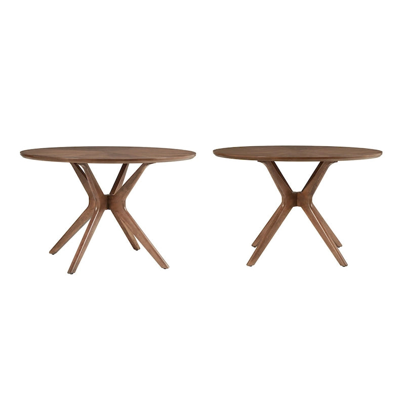 Table à manger ronde mi-siècle avec plateau en verre / finition noyer foncé, piètement en X et pieds évasés – 4 places
