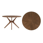 Table à manger ronde mi-siècle avec plateau en verre / finition noyer foncé, piètement en X et pieds évasés – 4 places