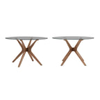 Table à manger ronde mi-siècle avec plateau en verre / finition noyer foncé, piètement en X et pieds évasés – 4 places