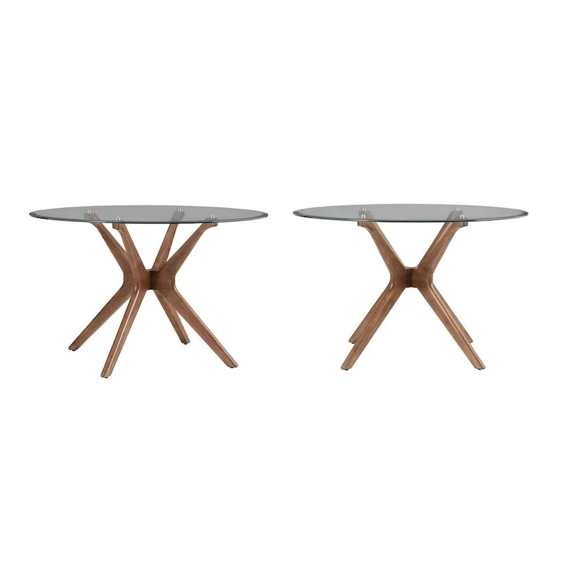 Table à manger ronde mi-siècle avec plateau en verre / finition noyer foncé, piètement en X et pieds évasés – 4 places