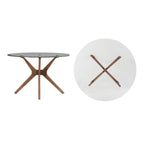 Table à manger ronde mi-siècle avec plateau en verre / finition noyer foncé, piètement en X et pieds évasés – 4 places