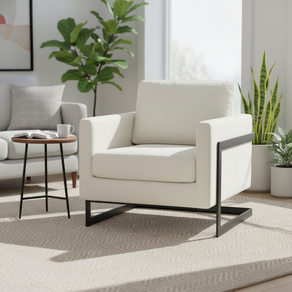 Fauteuil d'appoint contemporain en tissu crème et noir avec cadre carré en métal – 1 place