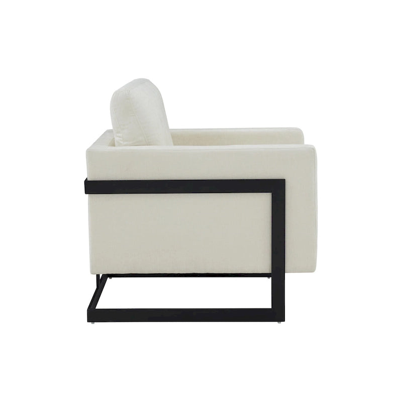 Fauteuil d'appoint contemporain en tissu crème et noir avec cadre carré en métal – 1 place