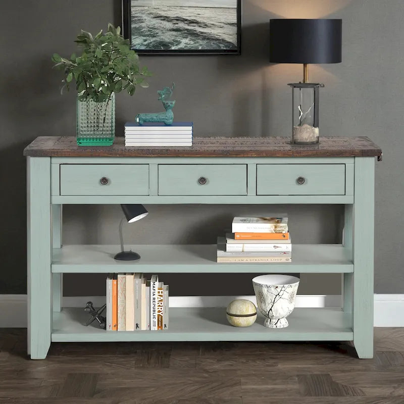 Console en bois de pin vieilli multicolore avec 3 tiroirs et 2 étagères – 1 pièce