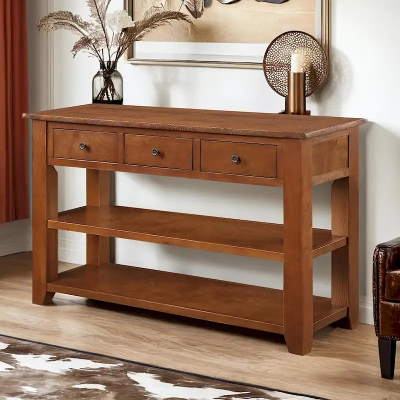 Console en bois de pin vieilli multicolore avec 3 tiroirs et 2 étagères – 1 pièce