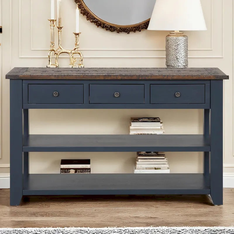 Console en bois de pin vieilli multicolore avec 3 tiroirs et 2 étagères – 1 pièce