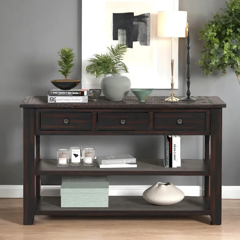 Console en bois de pin vieilli multicolore avec 3 tiroirs et 2 étagères – 1 pièce
