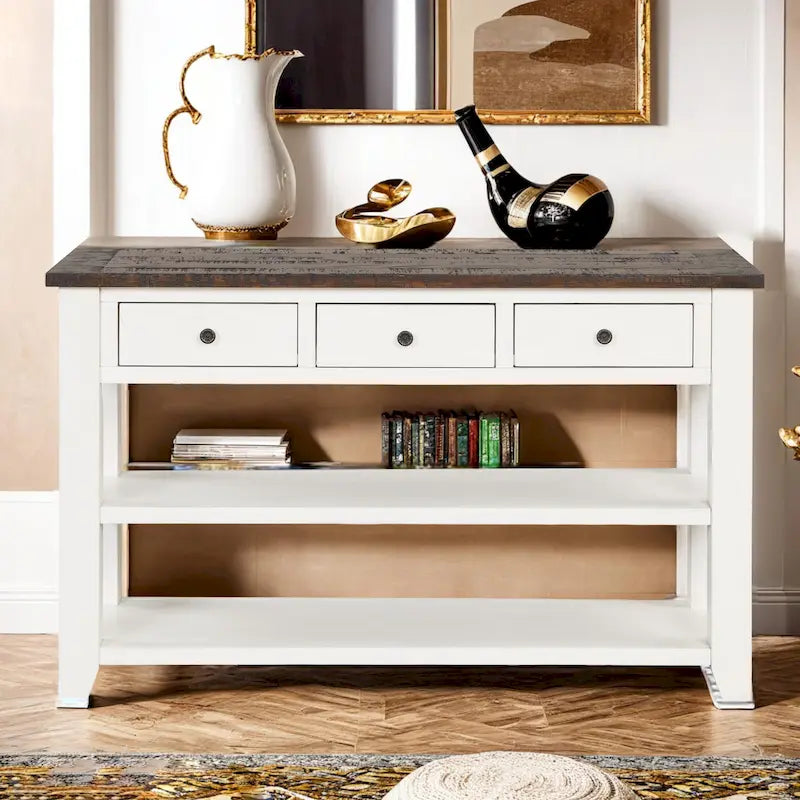 Console en bois de pin vieilli multicolore avec 3 tiroirs et 2 étagères – 1 pièce