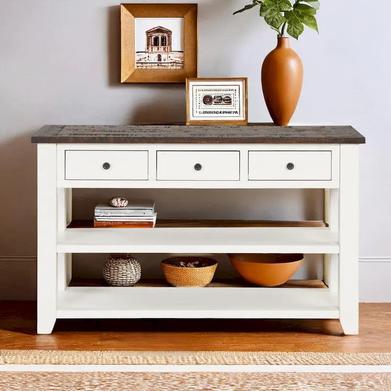 Console en bois de pin vieilli multicolore avec 3 tiroirs et 2 étagères – 1 pièce