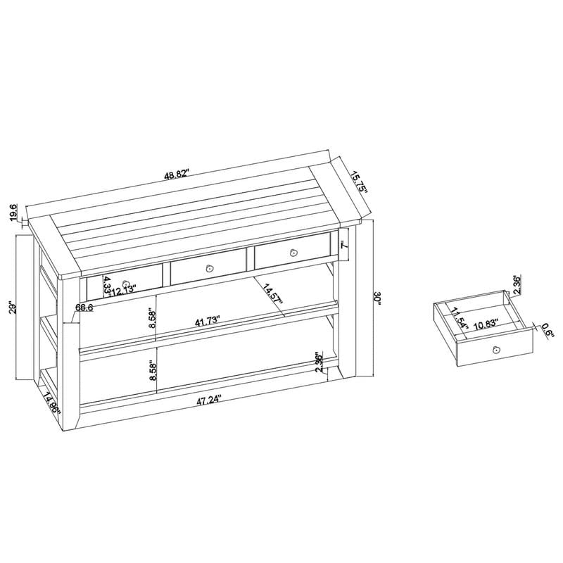 Console en bois de pin vieilli multicolore avec 3 tiroirs et 2 étagères – 1 pièce