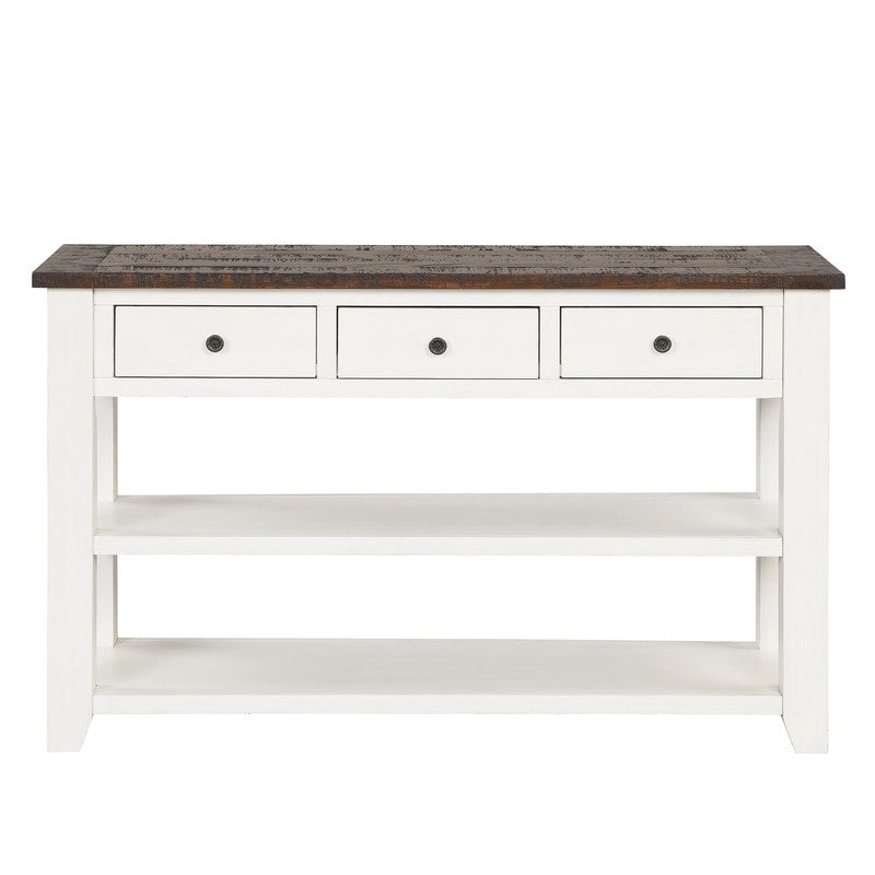 Console en bois de pin vieilli multicolore avec 3 tiroirs et 2 étagères – 1 pièce