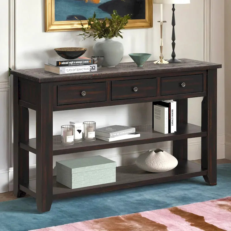 Console en bois de pin vieilli multicolore avec 3 tiroirs et 2 étagères – 1 pièce