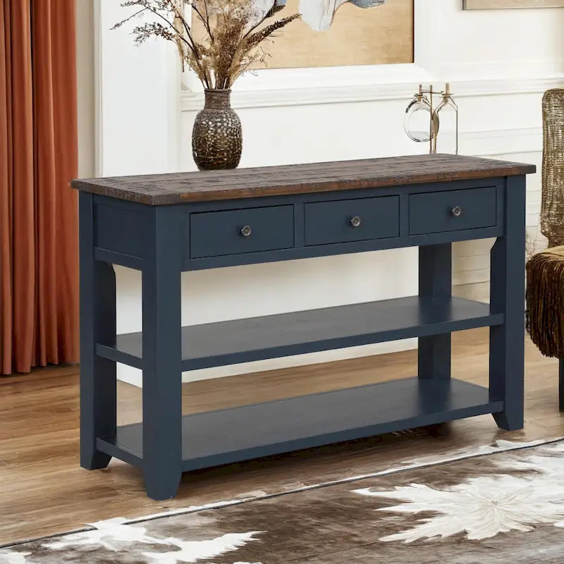 Console en bois de pin vieilli multicolore avec 3 tiroirs et 2 étagères – 1 pièce