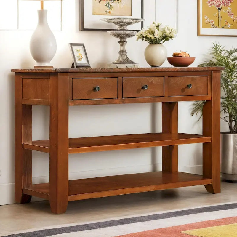 Console en bois de pin vieilli multicolore avec 3 tiroirs et 2 étagères – 1 pièce