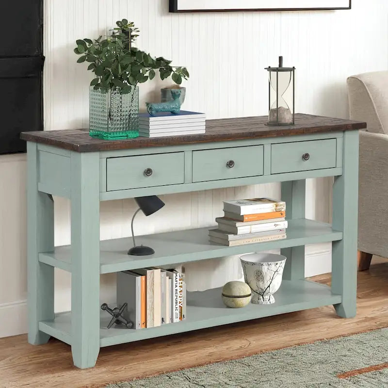 Console en bois de pin vieilli multicolore avec 3 tiroirs et 2 étagères – 1 pièce