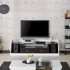 Meuble TV blanc/espresso de 178 cm avec plateau en verre trempé, 2 tiroirs et 3 étagères – Convient aux téléviseurs jusqu'à 60 po