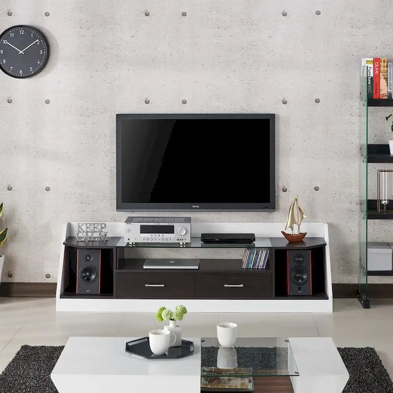 Meuble TV blanc/espresso de 178 cm avec plateau en verre trempé, 2 tiroirs et 3 étagères – Convient aux téléviseurs jusqu'à 60 po