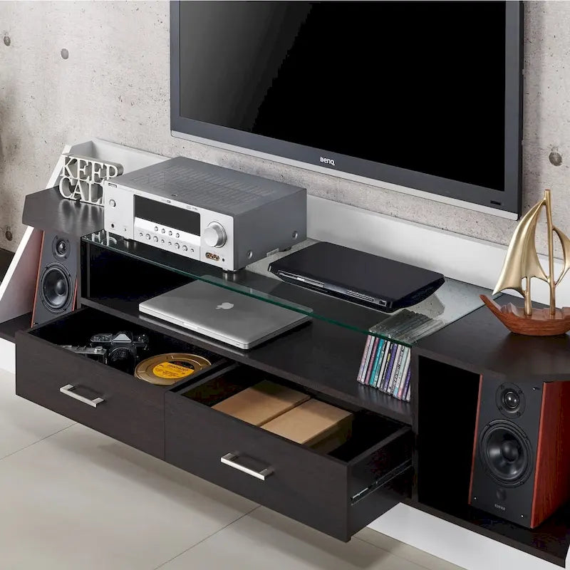 Meuble TV blanc/espresso de 178 cm avec plateau en verre trempé, 2 tiroirs et 3 étagères – Convient aux téléviseurs jusqu'à 60 po